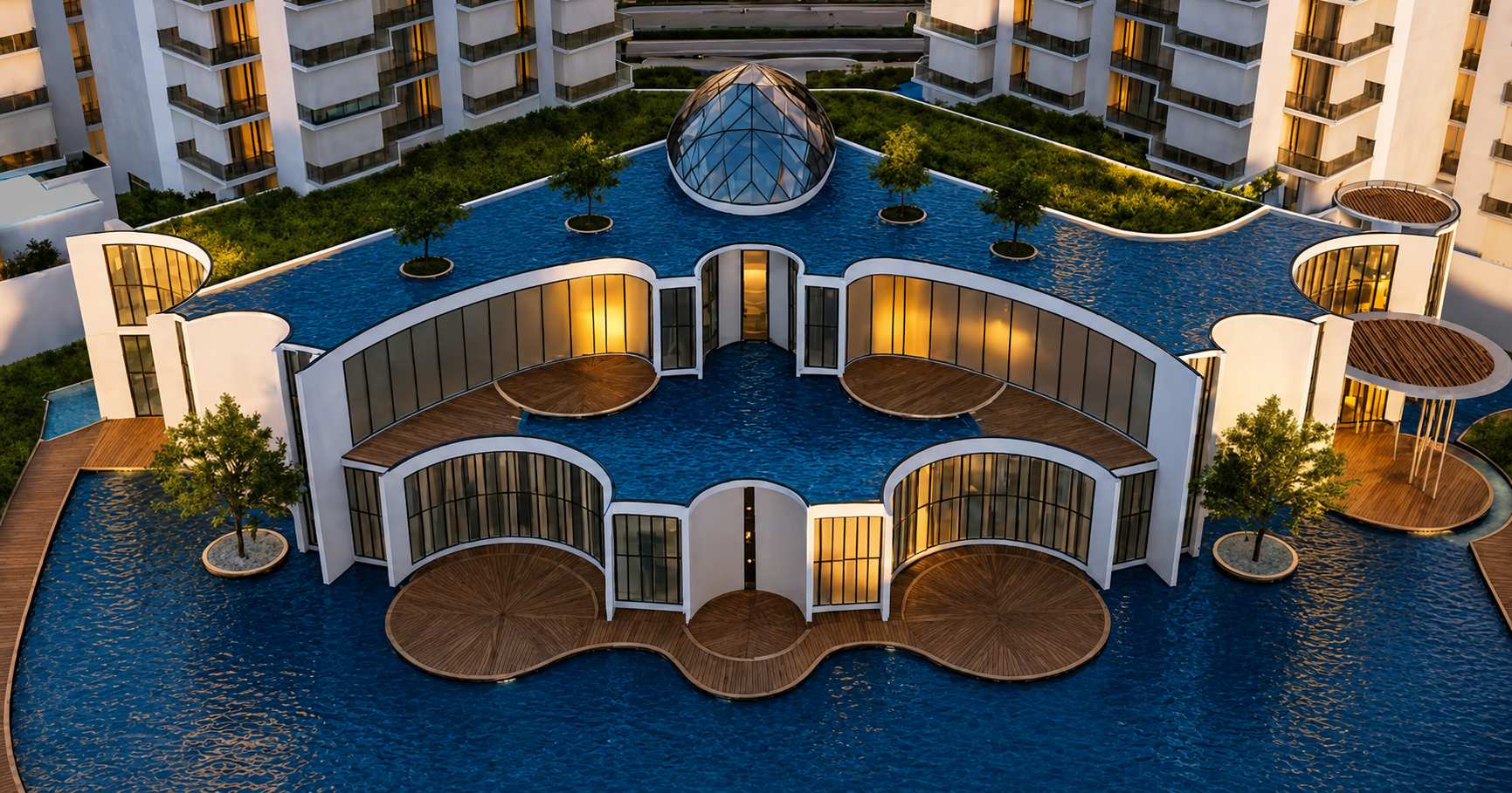 Aqualis clubhouse exterior with pool deck